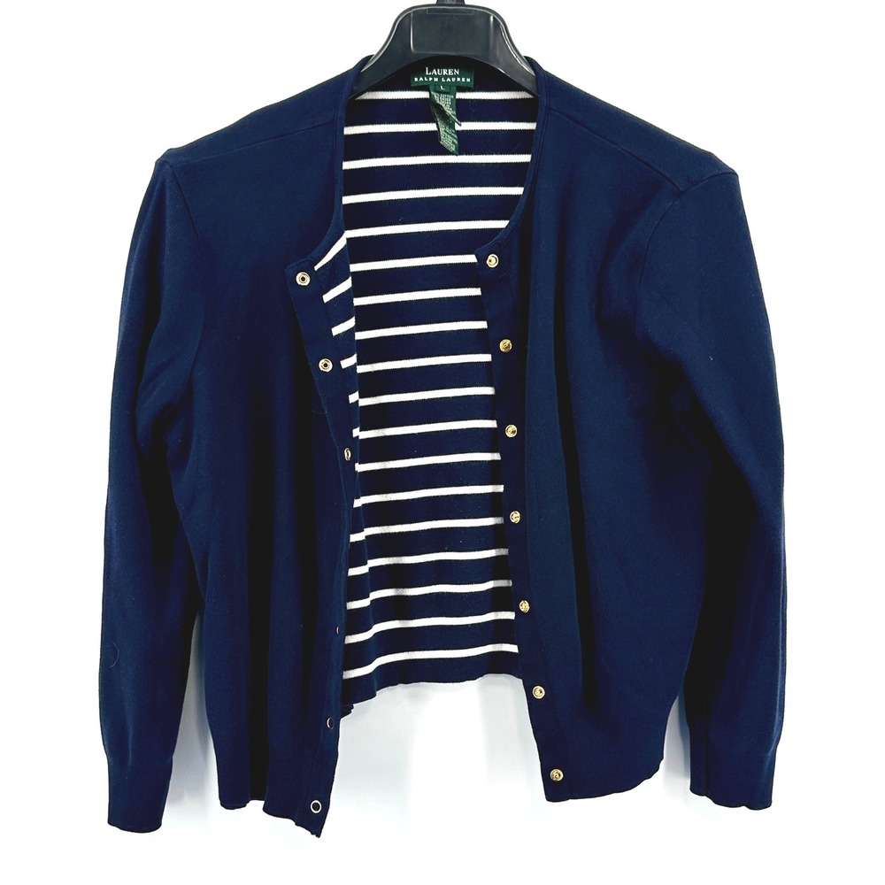 Lauren Ralph Lauren Cardigan Women L Navy Blue Solid Snap Front Nautical Theme